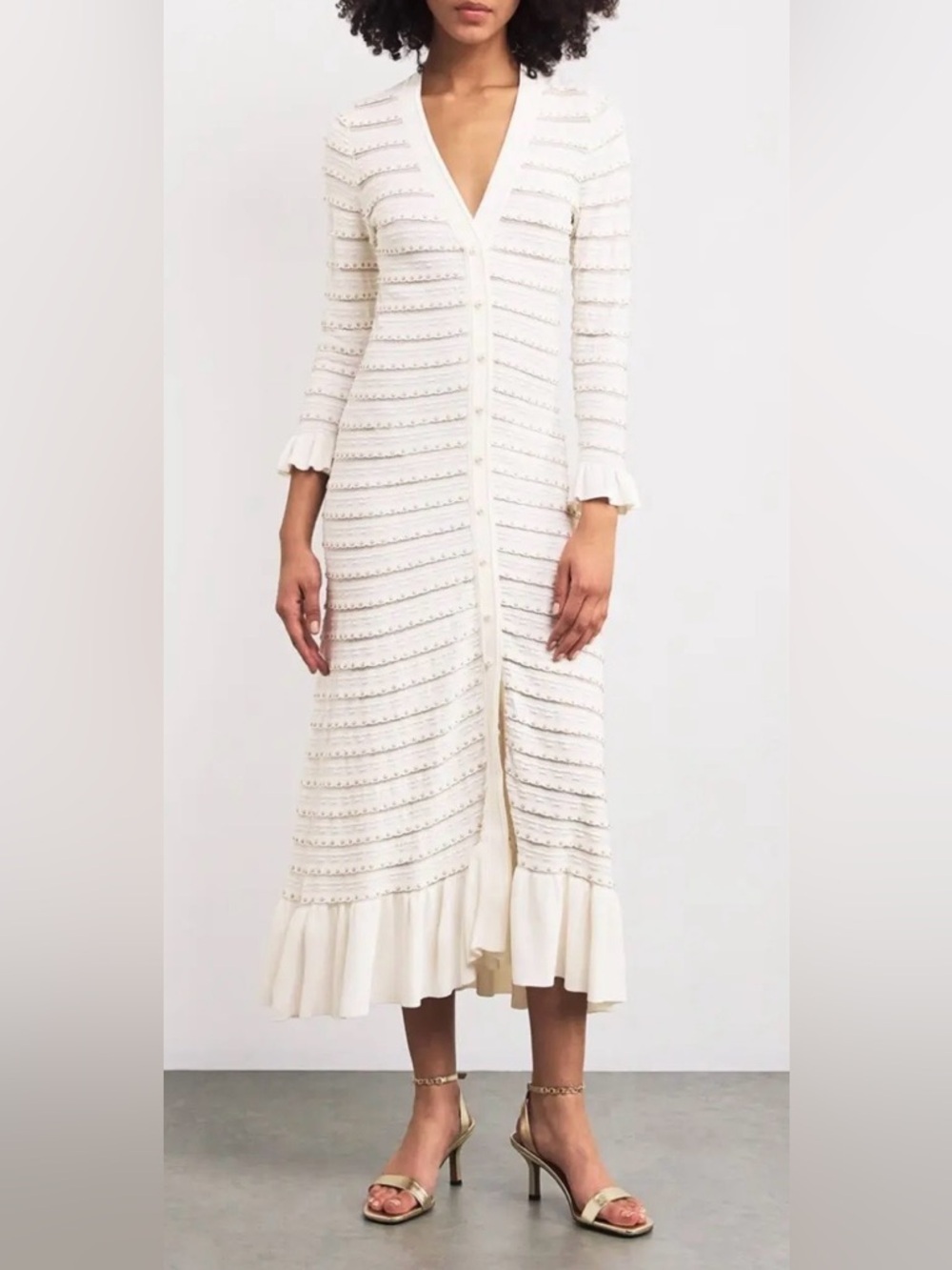 Sandro Beaded Knit Maxi Dress Size 42 Cream Faux Button Front